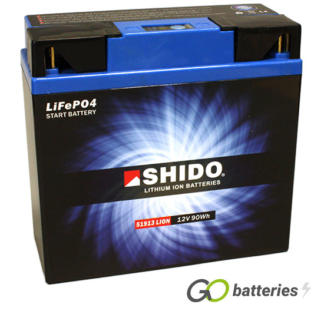 Shido 51913 Lithium motorcycle battery. 12 volt 7.5 amp, 420 cold cranking amps. Black case with a blue top and LED charge status indicator. Terminal layout positive right with terminals closest to you.