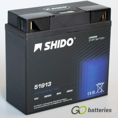 Shido 51913 Lithium Motorcycle Battery. 12 volt 8 amp, 480 cold cranking amps. Black case with an LED charge status indicator. Terminal layout positive on the right with terminals closest to you.