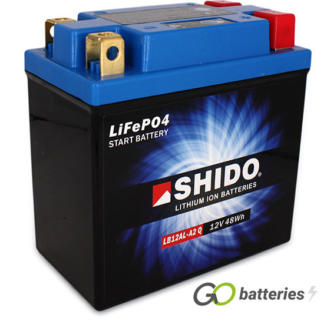 Shido YBX12AL-A2 Lithium motorcycle battery. 12 volt 4 amp, 240 cold cranking amps. Black case with a blue top and LED charge status indicator. Four terminals so it can be used with positive left and positive right.