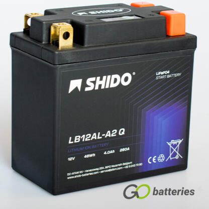 Shido YBX12AL-A2 Lithium Motorcycle Battery. 12 volt 4 amp, 280 cold cranking amps. Black case with an LED charge status indicator. Four terminals so it can be used with positive on the left and positive on the right.