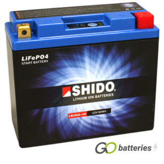 Shido YB16AL-A2 Lithium motorcycle battery. 12 volt 5 amp, 300 cold cranking amps. Black case with a blue top and LED charge status indicator. Terminal layout positive right with terminals closest to you.