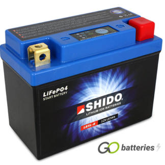 Shido YB5L-B Lithium motorcycle battery. 12 volt 1.6 amp, 95 cold cranking amps. Black case with a blue top and LED charge status indicator. Terminal layout positive right with terminals closest to you.