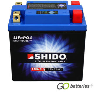 Shido YB9-B Lithium motorcycle battery. 12 volt 3 amp, 180 cold cranking amps. Black case with a blue top and LED charge status indicator. Four terminals so it can be used with positive left and positive right.