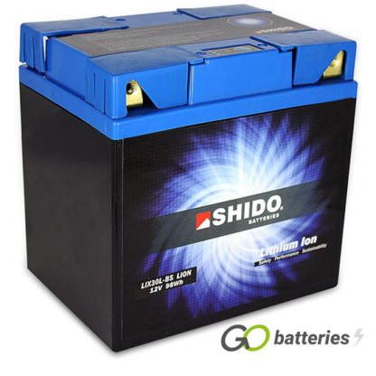 Shido LIX30L-BS Lithium motorcycle battery. 12 volt 8 amp, 480 cold cranking amps. Black case with a blue top and LED charge status indicator. Four terminals so it can be used with positive left and positive right.
