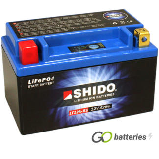 Shido YT12A-BS Lithium motorcycle battery. 12 volt 3.5 amp, 210 cold cranking amps. Black case with a blue top and LED charge status indicator. Terminal layout positive left with terminals closest to you.