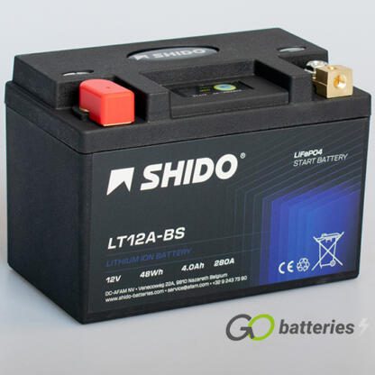 Shido YT12A-BS Lithium Motorcycle Battery. 12 volt 4 amp, 280 cold cranking amps. Black case with an LED charge status indicator. Terminal layout positive on the left with terminals closest to you.