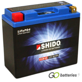 Shido YT12B-4 Lithium motorcycle battery. 12 volt 5 amp, 300 cold cranking amps. Black case with a blue top and LED charge status indicator. Terminal layout positive left with terminals closest to you. Also known as a YT12B-BS