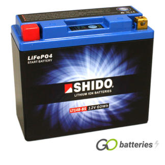 Shido YT14B-BS Lithium motorcycle battery. 12 volt 5 amp, 300 cold cranking amps. Black case with a blue top and LED charge status indicator. Terminal layout positive left with terminals closest to you. Also known as YT14B-4.