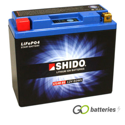 Shido YT14B-BS Lithium motorcycle battery. 12 volt 5 amp, 300 cold cranking amps. Black case with a blue top and LED charge status indicator. Terminal layout positive left with terminals closest to you. Also known as YT14B-4.