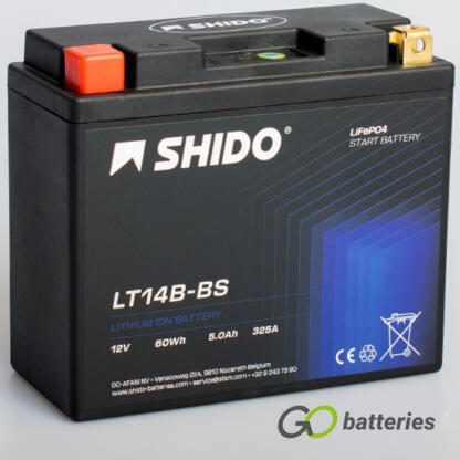 Shido YT14B-BS Lithium Motorcycle Battery. 12 volt 5 amp, 325 cold cranking amps. Black case with an LED charge status indicator. Terminal layout positive on the left with terminals closest to you. Also known as YT14B-4.