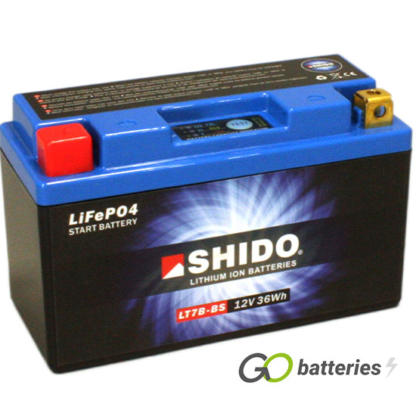 Shido YT7B-BS Lithium motorcycle battery. 12 volt 3 amp, 180 cold cranking amps. Black case with a blue top and LED charge status indicator. Terminal layout positive left with terminals closest to you. Also known as YT7B-4.
