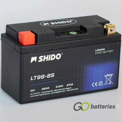 Shido YT9B-BS Lithium Motorcycle Battery. 12 volt 3 amp, 210 cold cranking amps. Black case with an LED charge status indicator. Terminal layout positive on the left with terminals closest to you. Also known as YT9B-4.