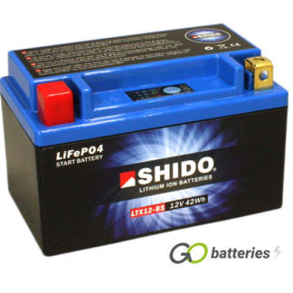 Shido YTX12-BS Lithium motorcycle battery. 12 volt 4 amp, 240 cold cranking amps. Black case with a blue top and LED charge status indicator. Terminal layout positive left with terminals closest to you.