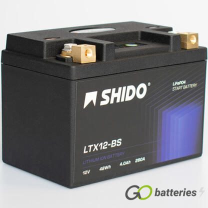 Shido YTX12-BS Lithium Motorcycle Battery. 12 volt 4 amp, 280 cold cranking amps. Black case with an LED charge status indicator. Terminal layout positive on the left with terminals closest to you.