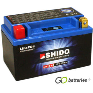 Shido YTX14-BS Lithium motorcycle battery. 12 volt 4 amp, 240 cold cranking amps. Black case with a blue top and LED charge status indicator. Terminal layout positive left with terminals closest to you.