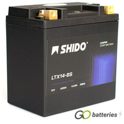 Shido YTX14-BS Lithium motorcycle battery. 12 volt 4 amp, 280 cold cranking amps. Black case with an LED charge status indicator. Terminal layout positive left with terminals closest to you.