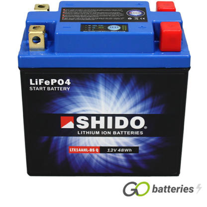Shido YB14L-A2 Lithium Motorcycle Battery. 12 volt 4 amp, 280 cold cranking amps. Black case with a blue top and LED charge status indicator. Four terminals so it can be used with positive on the left and positive on the right.