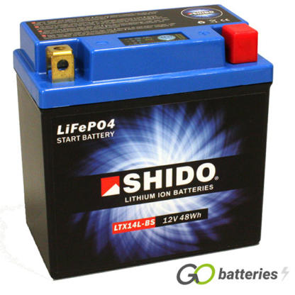 Shido YTX14L-BS Lithium motorcycle battery. 12 volt 4 amp, 240 cold cranking amps. Black case with a blue top and LED charge status indicator. Terminal layout positive right with terminals closest to you.