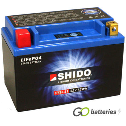 Shido YTX16-BS Lithium motorcycle battery. 12 volt 6 amp, 360 cold cranking amps. Black case with a blue top and LED charge status indicator. Terminal layout positive left with terminals closest to you.