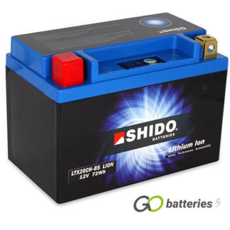 Shido YTX20CH-BS Lithium motorcycle battery. 12 volt 6 amp, 360 cold cranking amps. Black case with a blue top and LED charge status indicator. Terminal layout positive left with terminals closest to you.