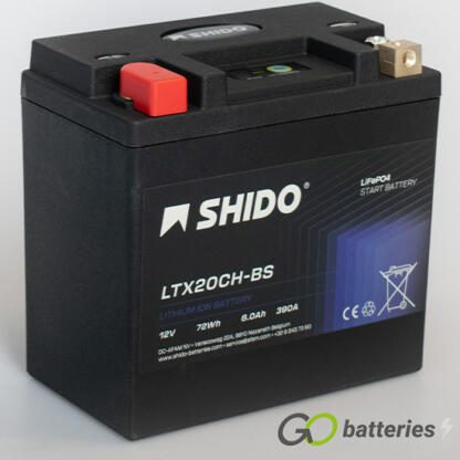Shido YTX20CH-BS Lithium Motorcycle Battery. 12 volt 6 amp, 390 cold cranking amps. Black case with an LED charge status indicator. Terminal layout positive on the left with terminals closest to you.