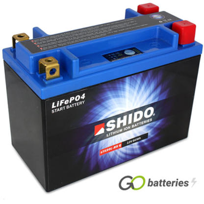 Shido YTX20L-BS Lithium motorcycle battery. 12 volt 7 amp, 420 cold cranking amps. Black case with a blue top and LED charge status indicator. Four terminals so it can be used with positive left and positive right.