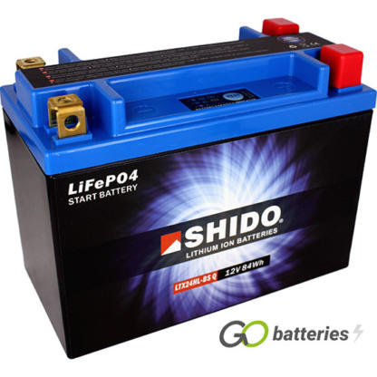 Shido YTX24HL-BS Lithium motorcycle battery. 12 volt 7 amp, 420 cold cranking amps. Black case with a blue top and LED charge status indicator. Four terminals so it can be used with positive left and positive right.