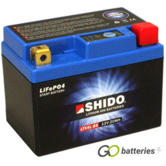 Shido YTX4L-BS Lithium motorcycle battery. 12 volt 1.6 amp, 95 cold cranking amps. Black case with a blue top and LED charge status indicator. Terminal layout positive right with terminals closest to you.