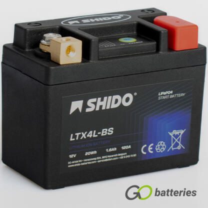 Shido YTX4L-BS Lithium Motorcycle Battery. 12 volt 1.6 amp, 120 cold cranking amps. Black case with an LED charge status indicator. Terminal layout positive on the right with terminals closest to you.
