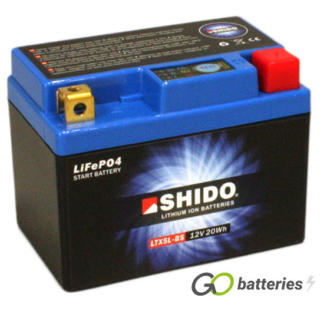 Shido YTX5L-BS Lithium motorcycle battery. 12 volt 1.6 amp, 95 cold cranking amps. Black case with a blue top and LED charge status indicator. Terminal layout positive right with terminals closest to you.