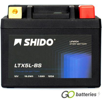 Shido YTX5L-BS Lithium Motorcycle Battery. 12 volt 1.6 amp, 120 cold cranking amps. Black case with an LED charge status indicator. Terminal layout positive on the right with terminals closest to you.
