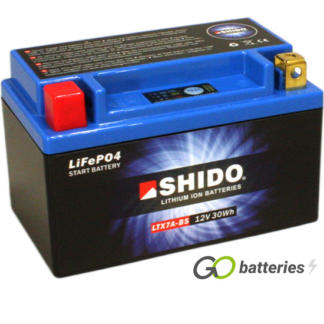 Shido YTX7A-BS Lithium motorcycle battery. 12 volt 2.4 amp, 150 cold cranking amps. Black case with a blue top and LED charge status indicator. Terminal layout positive left with terminals closest to you.