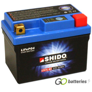 Shido YTX7L-BS Lithium motorcycle battery. 12 volt 2.4 amp, 150 cold cranking amps. Black case with a blue top and LED charge status indicator. Terminal layout positive right with terminals closest to you.