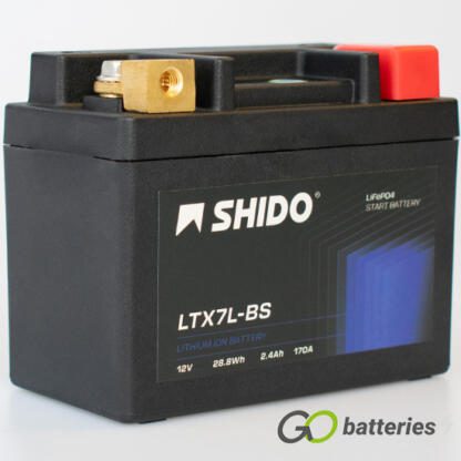 Shido YTX7L-BS Lithium Motorcycle Battery. 12 volt 2.4 amp, 170 cold cranking amps. Black case with an LED charge status indicator. Terminal layout positive on the right with terminals closest to you.