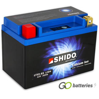 Shido YTX9-BS Lithium motorcycle battery. 12 volt 3 amp, 180 cold cranking amps. Black case with a blue top and LED charge status indicator. Terminal layout positive left with terminals closest to you.