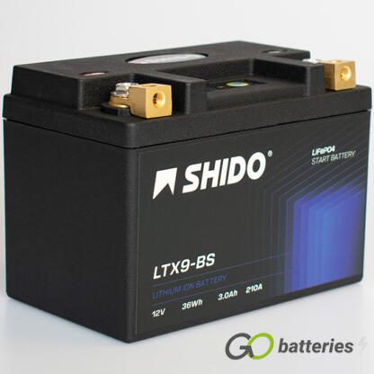 Shido YTX9-BS Lithium Motorcycle Battery. 12 volt 3 amp, 210 cold cranking amps. Black case with an LED charge status indicator. Terminal layout positive on the left with terminals closest to you.