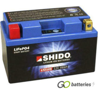 Shido YTZ10S Lithium motorcycle battery. 12 volt 4 amp, 240 cold cranking amps. Black case with a blue top and LED charge status indicator. Terminal layout positive left with terminals closest to you.