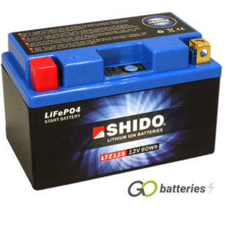 Shido YTZ12S Lithium motorcycle battery. 12 volt 5 amp, 300 cold cranking amps. Black case with a blue top and LED charge status indicator. Terminal layout positive left with terminals closest to you.