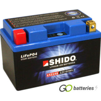 Shido YTZ14S Lithium motorcycle battery. 12 volt 5 amp, 300 cold cranking amps. Black case with a blue top and LED charge status indicator. Terminal layout positive left with terminals closest to you.