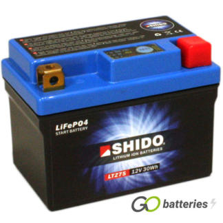 Shido YTZ7S Lithium motorcycle battery. 12 volt 2.4 amp, 150 cold cranking amps. Black case with a blue top and LED charge status indicator. Terminal layout positive right with terminals closest to you.