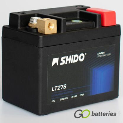 Shido YTZ7S Lithium Motorcycle Battery. 12 volt 2.4 amp, 170 cold cranking amps. Black case with an LED charge status indicator. Terminal layout positive on the right with terminals closest to you.