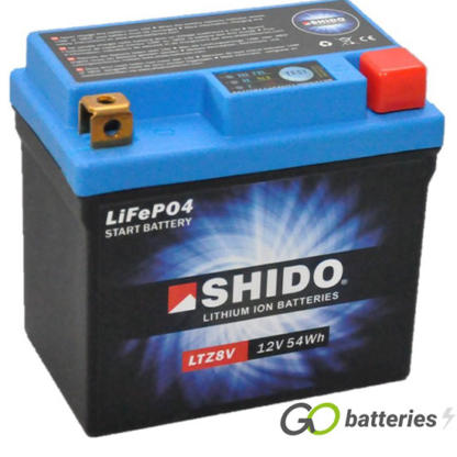 Shido YTZ8V Lithium motorcycle battery. 12 volt 4.5 amp, 270 cold cranking amps. Black case with a blue top and LED charge status indicator. Terminal layout positive right with terminals closest to you.