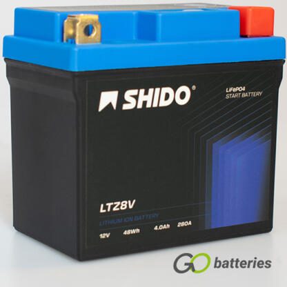 Shido YTZ8V Lithium Motorcycle Battery. 12 volt 4 amp, 280 cold cranking amps. Black case with a blue top and LED charge status indicator. Terminal layout positive on the right with terminals closest to you.