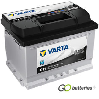 Varta C11 Black Dynamic Battery 12V 53Ah 500 cold cranking amps, Silver case with a black top and the positive terminal is on the right hand side with the terminals closest to you. Also has carrying handle. UK 065