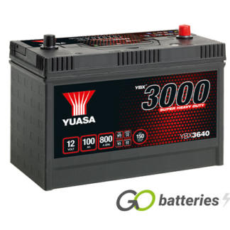 Yuasa YBX3640 12 volt 100 amp 800 cold cranking amps Heavy Duty battery. Black case with carrying handle and terminals located centrally on top of the battery. Also known as 640HD or C31-900.