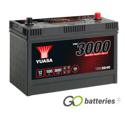 Yuasa YBX3640 12 volt 100 amp 800 cold cranking amps Heavy Duty battery. Black case with carrying handle and terminals located centrally on top of the battery. Also known as 640HD or C31-900.