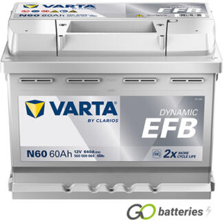 Varta N60 Dynamic EFB Start-Stop battery 12V 60Ah 640 cold cranking amps, silver case with the positive terminal on the right hand side with the terminals closest to you. Also has a central carrying handle. UK 027EFB.