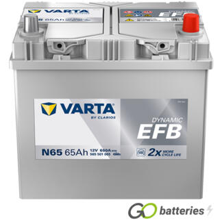Varta N65 Dynamic EFB Start-Stop Battery 12V 65Ah 650 cold cranking amps, Silver case with the positive terminal on the right hand side with the terminals closest to you. Also has carrying handle. UK 005EFB