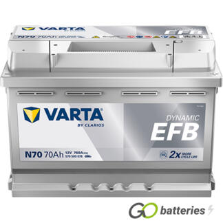 Varta N70 Dynamic EFB Start-Stop Battery 12V 70Ah 760 cold cranking amps, Silver case with the positive terminal on the right hand side with the terminals closest to you. Also has carrying handle. UK 096EFB