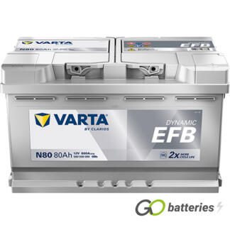 Varta N80 Dynamic EFB Start-Stop battery. 12 volt 80 amp 800 cold cranking amps, with a silver case and the positive terminal is on the right hand side with the terminals closest to you, also has carrying handles. UK part number know as a 115EFB.